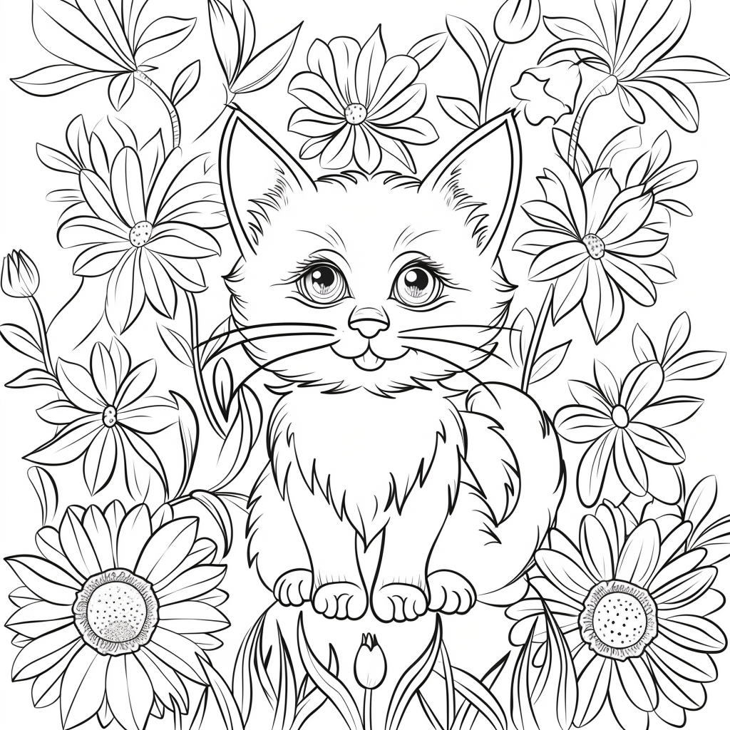 Kitten with spring flowers