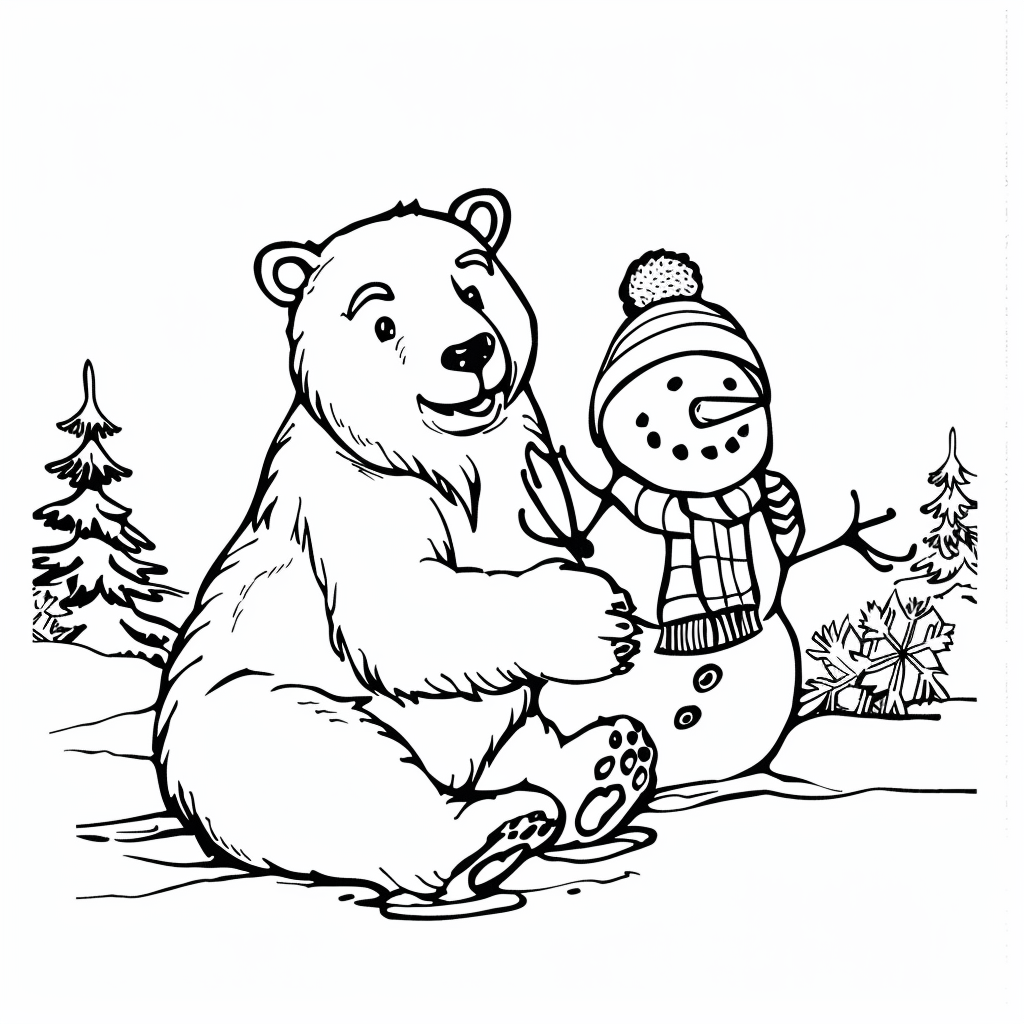Polar Bear with Snowman wearing a scarf