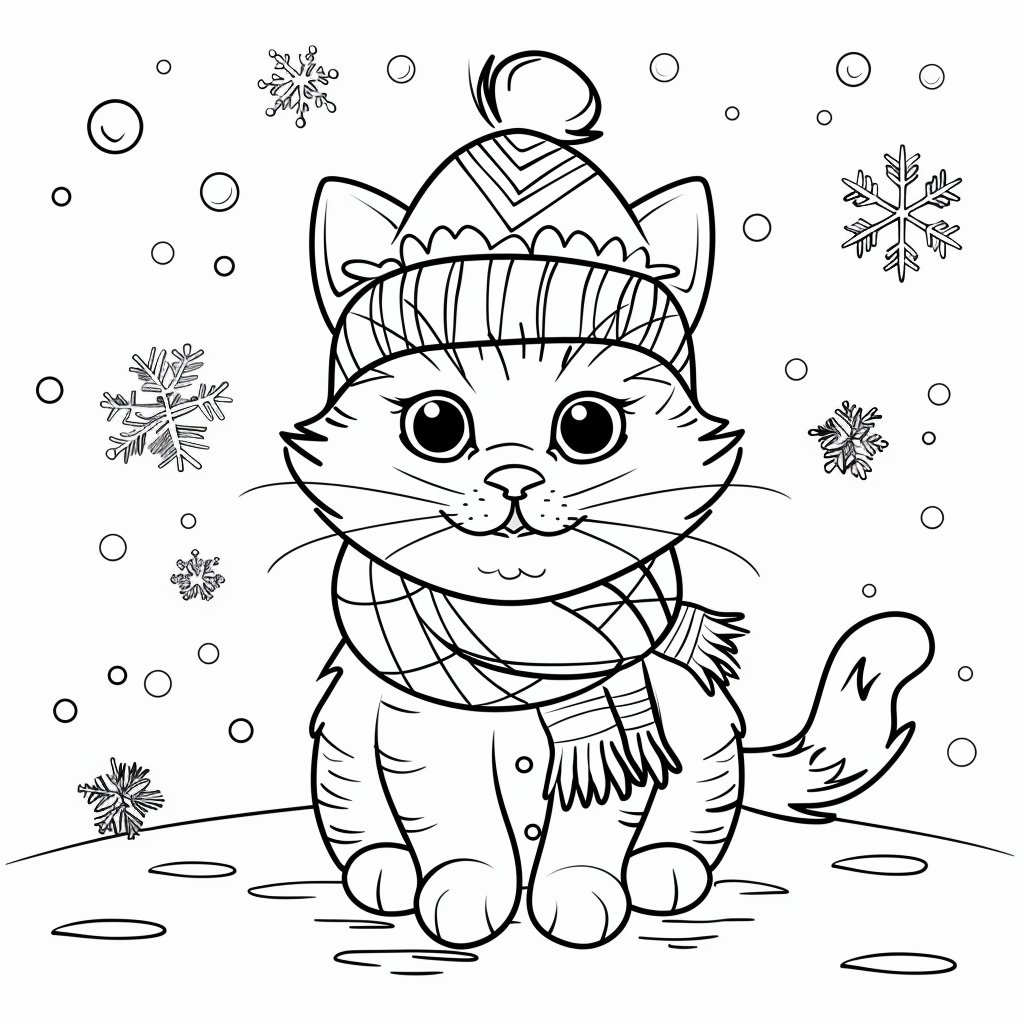 kitten in the winter with snowflakes