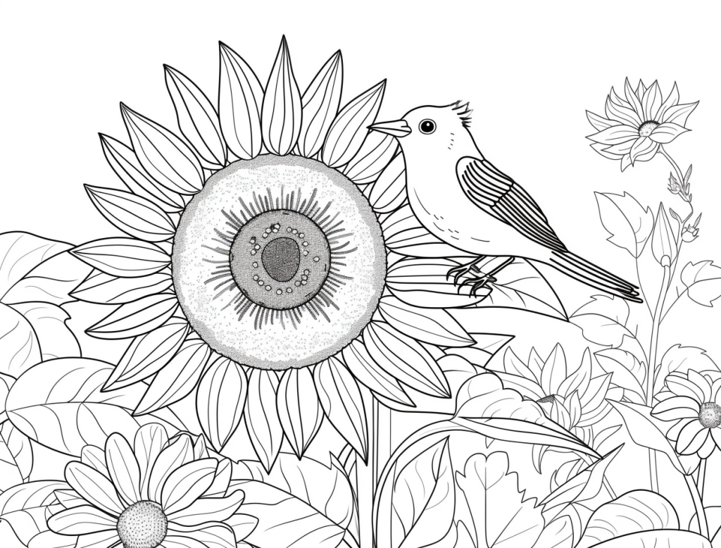 Sunflower With Bird Coloring Page