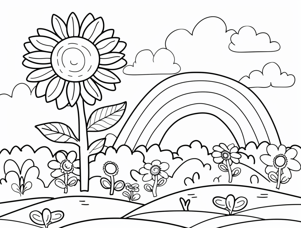 Sunflower with Rainbow Coloring Page