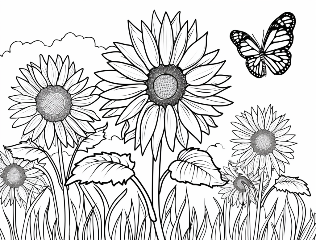 Sunflower with Butterfly Coloring Page