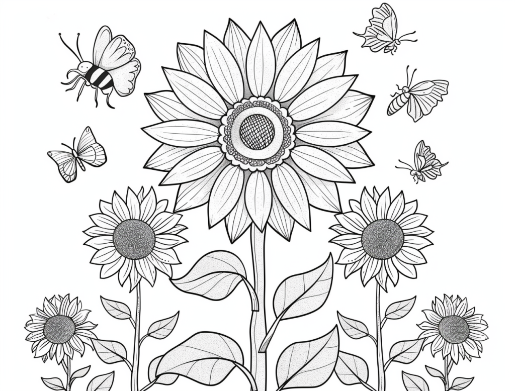 Sunflower with Butterfly and Bees Coloring Page