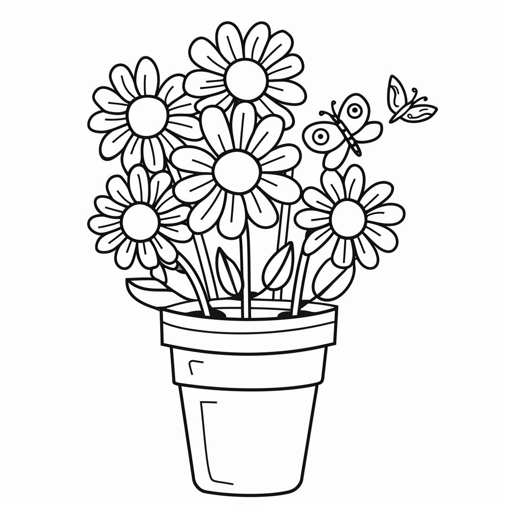 Daisies in Cartoon Pot with Butterfly