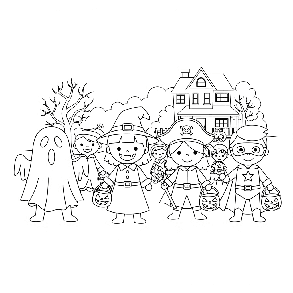 kids in costumes trick or treating coloring page